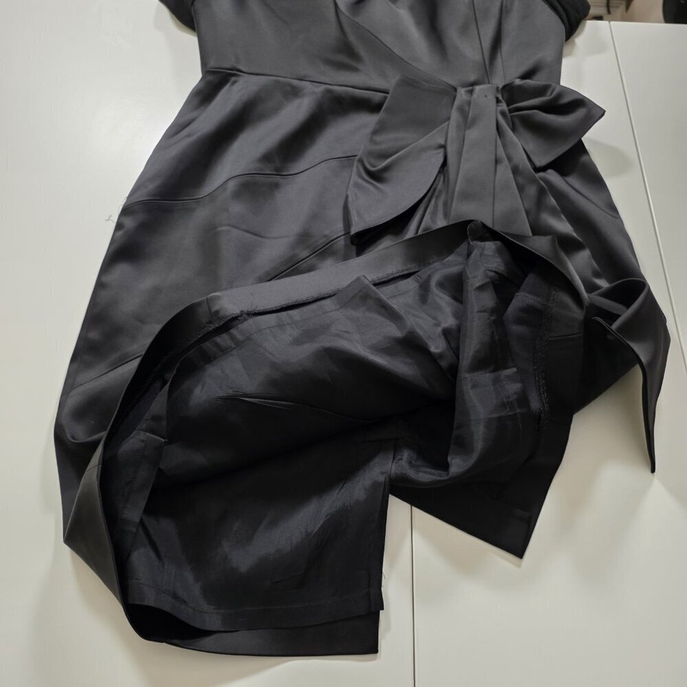 Catherine Malandrino Satin Dress XL Black Mini Lined Chiffon SS Bow LBD Cocktail - Picture 13 of 16